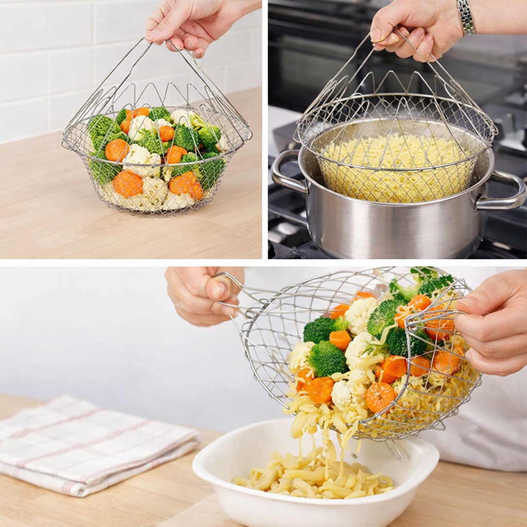 Chef Basket Dry Drain Rack Stainless Steel Multi Function Folding Fruit Basket Kitchen Tool Colanders & Food Strainers
