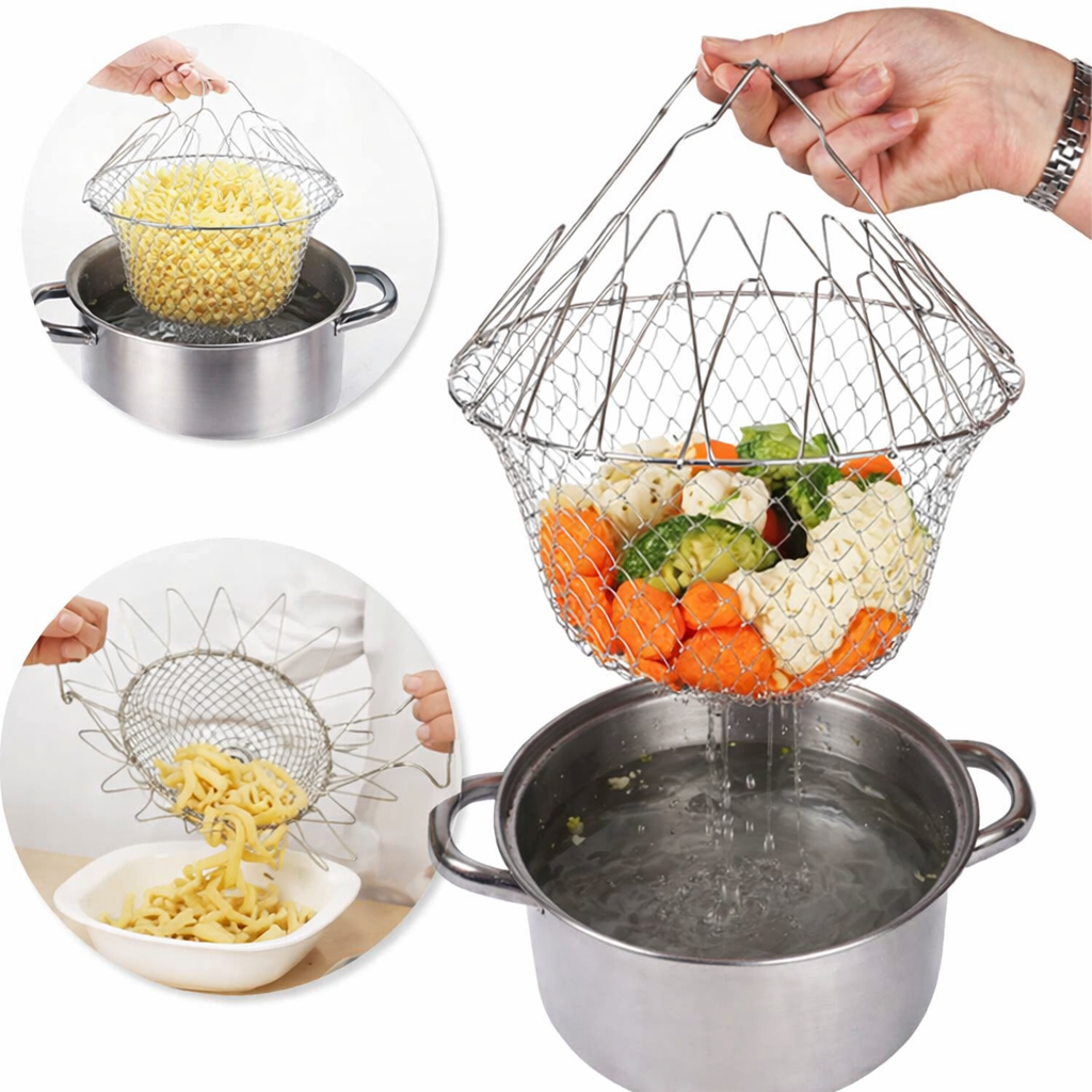 Chef Basket Dry Drain Rack Stainless Steel Multi Function Folding Fruit Basket Kitchen Tool Colanders & Food Strainers