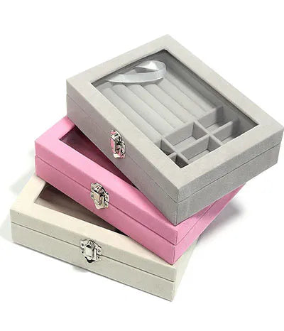 Transparent Velvet Jewelry Organizer Display Box  Random Colours