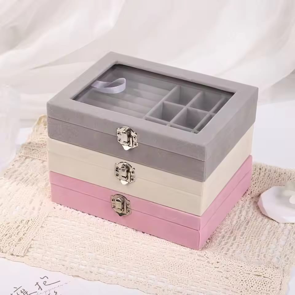Transparent Velvet Jewelry Organizer Display Box  Random Colours